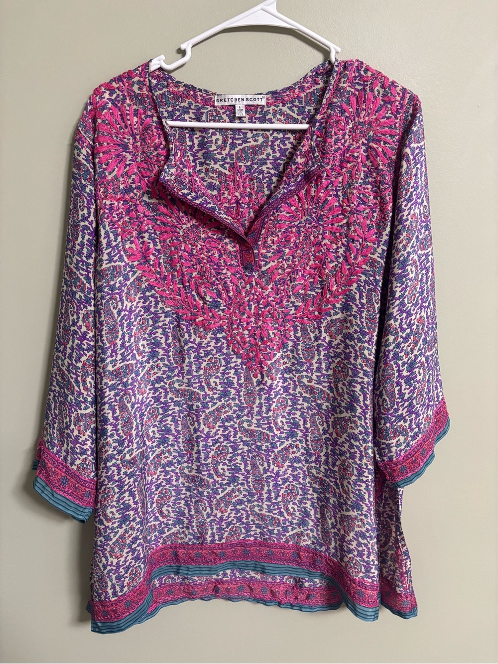 Gretchen Scott Paisley Tunic Blouse Size Large Pink Purple Embroidered V-Neck